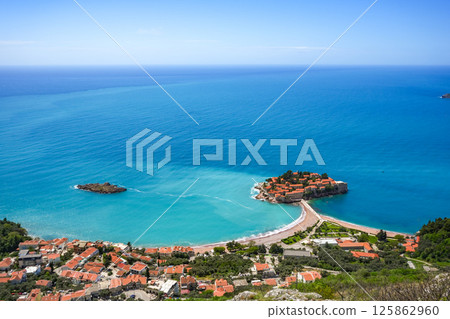 Aerial View of Sveti Stefan, Sea and Hotels, Montenegro 125862960