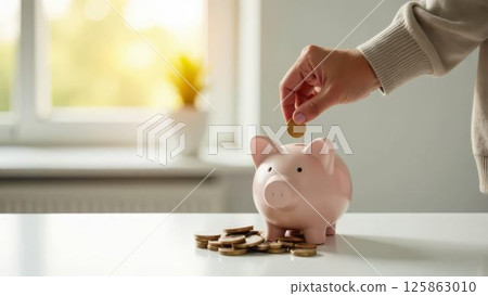 hand placing coin in piggy bank by a sunny window, depicting savings growth, financial planning, personal savings, investment strategies hand placing coin in piggy bank by a sunny window, depicting savings growth, financial planning, personal savings, investment strategies 125863010