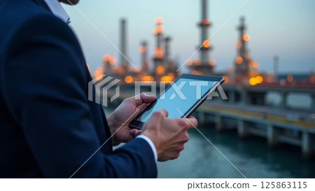 professional holding a tablet against the background of industrial complex, showcasing digital connectivity. 125863115