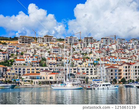 Lustica Bay with Colorful Houses, Marina, and Lighthouse, Montenegro 125863139
