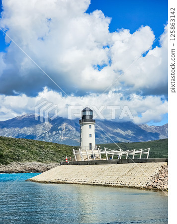 Lustica Bay with Colorful Houses, Marina, and Lighthouse, Montenegro 125863142