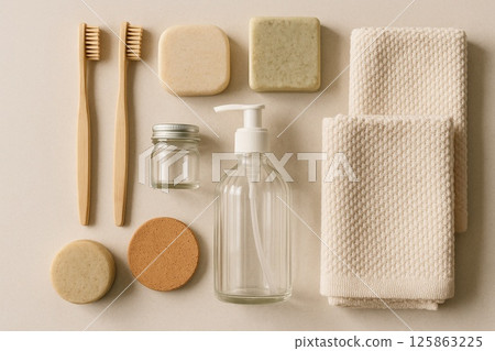 Zero waste bathroom items flatlay 125863225
