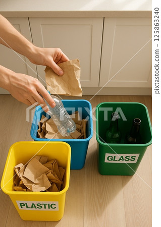 Sorting plastic and paper in kitchen 125863240