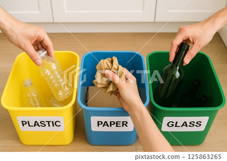 Sorting recyclable waste bins 125863265