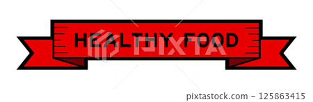 Ribbon label banner with word healthy food in red color on white background 125863415