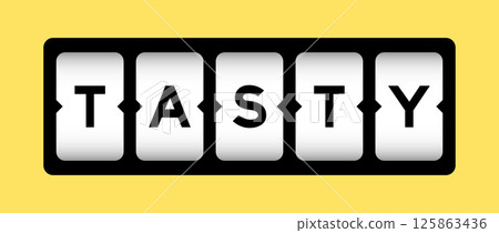 Black color in word tasty on slot banner with yellow color background 125863436