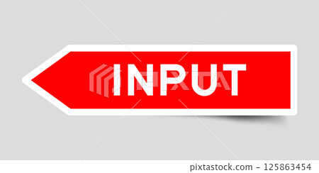 Red color arrow shape sticker label with word input on gray background 125863454