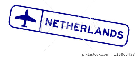 Grunge blue netherlands word with plane icon square rubber seal stamp on white background 125863458