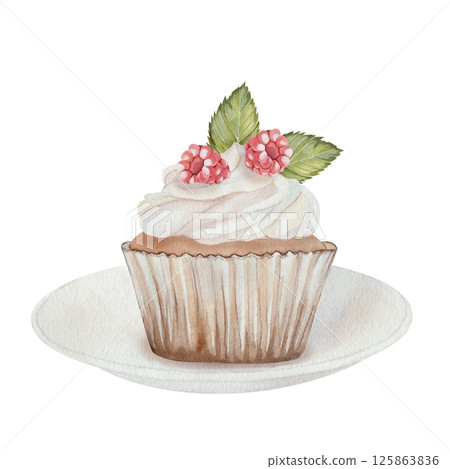 Cupcake with raspberries, cream and green leaves on saucer. Watercolor illustration of sweets. Hand drawn, isolated on a white background. For printing, kitchen, culinary, textiles, holidays. 125863836