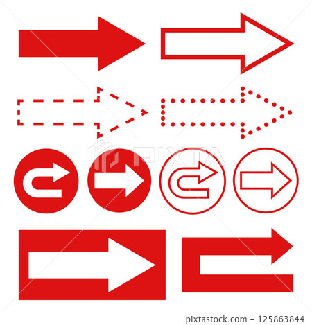 Collection of red arrows in flat, outline, dotted, and curved forms. Suitable for signage, web design, infographics, presentations, or editorial visuals. Collection of red arrows in flat, outline, dotted, and curved forms. Suitable for signage, web design, infographics, presentations, or editorial visuals. 125863844