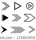 Minimal black arrow symbols including chevrons, play buttons, fast forward shapes and outline icons. Great for UI design, media navigation, infographic layouts and motion related projects. 125863858
