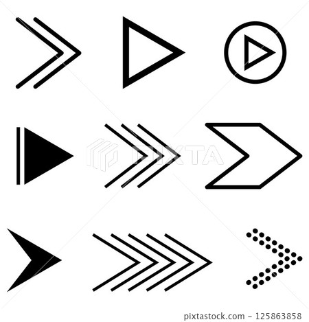 Minimal black arrow symbols including chevrons, play buttons, fast forward shapes and outline icons. Great for UI design, media navigation, infographic layouts and motion related projects. 125863858