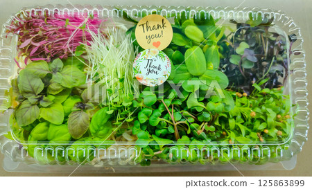 Colorful microgreens assortment in clear plastic container with thank you stickers 125863899
