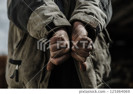 Dirty hands showing dislike. Hands of a poor old pensioner.  125864069