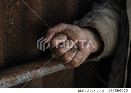 The hands of a poor man. A homeless man shows one fist. 125864070
