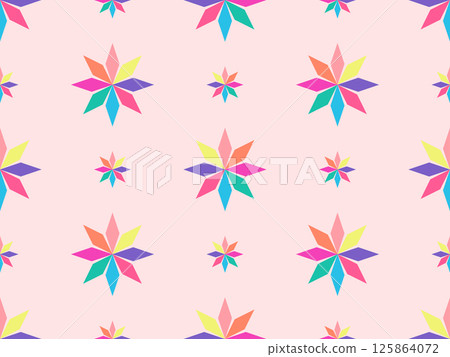Multicolored flowers on a pink background. Diamond shape flower. Vector seamless pattern. Multicolored flowers on a pink background. Diamond shape flower. Vector seamless pattern. 125864072