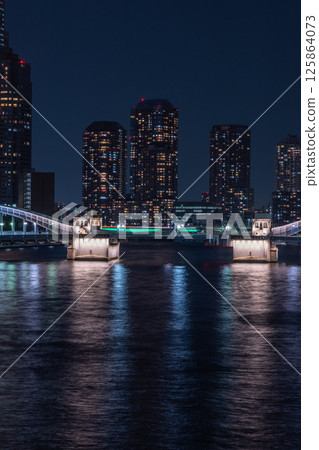 Illumination of Kachidoki Bridge over the Sumida River Illumination of Kachidoki Bridge over the Sumida River 125864073