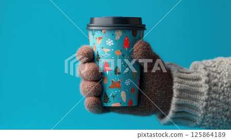 Hand Holding Festive Coffee Cup in Winter Gloves on Blue Background 125864189