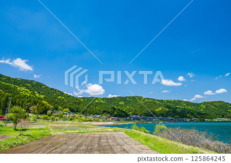 初夏時節,羽河湖沿岸的川波地區的稻田。滋賀縣長濱市與鄉町 初夏時節,羽河湖沿岸的川波地區的稻田。滋賀縣長濱市與鄉町 125864245