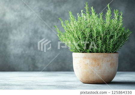 Potted rosemary plant with needle-like leaves on a white background. Herb in pot. Potted rosemary plant with needle-like leaves on a white background. Herb in pot. 125864330