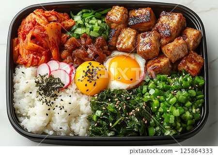 Korean-style lunch box with bibimbap ingredients, kimchi and pickled radish. Container with dosirak. 125864333