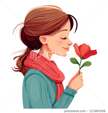 happy young woman smells a flower isolated vector illustration happy young woman smells a flower isolated vector illustration 125864369