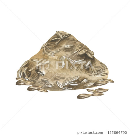 Cumin seed pile watercolor illustration. Hand drawn Eastern cuisine condiment clipart, natural spices food painting for menu, recipe book, product packing design 125864790