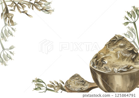 Cumin spice banner template with watercolor zira seeds in wooden plate and spoon and spice seeds branches illustration. Hand drawn Eastern cuisine condiment clipart for culinary book,packing design Cumin spice banner template with watercolor zira seeds in wooden plate and spoon and spice seeds branches illustration. Hand drawn Eastern cuisine condiment clipart for culinary book,packing design 125864791