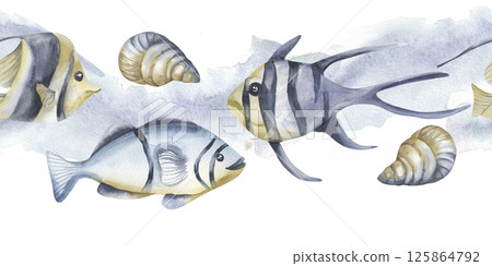 Marine seamless border with watercolor deep sea striped fish and shells illustrations. Hand drawn nautical banner on watercolor blue splash with swimming aquarium animal for wallpaper, packing design 125864792