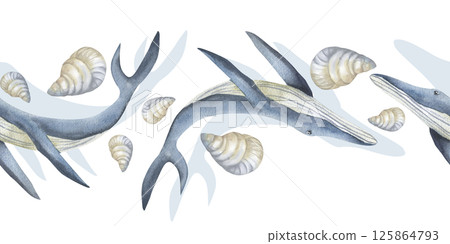 Blue whale watercolor seamless border. Hand drawn deep sea creatures clipart, ocean fish and shells painting, marine background for wallpaper, packing, textile design 125864793