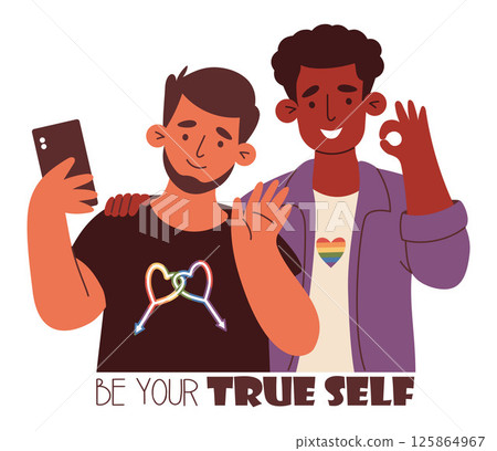 Happy gay couple. LGBT ethnic black men Taking Selfie. LGBTQ people in celebration. Memorable joyful moments. Vector Illustration for Pride Month, support, celebrating love, identity Happy gay couple. LGBT ethnic black men Taking Selfie. LGBTQ people in celebration. Memorable joyful moments. Vector Illustration for Pride Month, support, celebrating love, identity 125864967