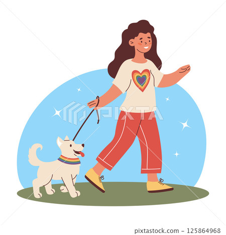 LGBTQ happy Woman Walking Dog with rainbow heart Pride Symbols. LGBT community and lifestyle. Vector Illustration celebrating LGBTQ pride and joy 125864968
