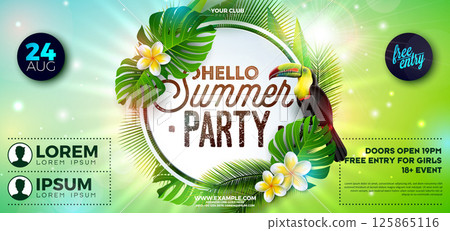 Summer Party Flyer Design with Flower, Tropical Palm Leaves and Toucan Bird on Natural Green Background. Vector Summer Beach Celebration Design Template with Floral Elements, Plants and Typography 125865116
