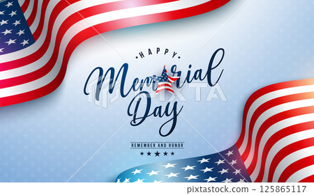 Memorial Day of the USA Vector Illustration with American Flag and Text Label on Light Background. National Veteran Patriotic Celebration Design with Typography Lettering for Banner, Flyer, Greeting 125865117