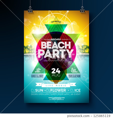 Summer Beach Party Flyer Design with Abstract Design Elements and Typography Lettering on Tropical Island Background. Vector Summer Holiday Illustration with Exotic Palm Leaves and Flower for Banner 125865119