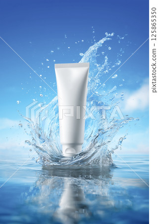 An image of beauty skin care cosmetics with an impressive blue sky and splashes of water. Summer skin care materials 125865350