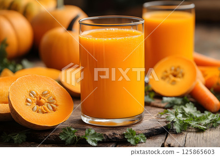 Fresh Pumpkin Juice with Sliced Pumpkin and Carrots on Rustic Wooden Table Generative AI 125865603