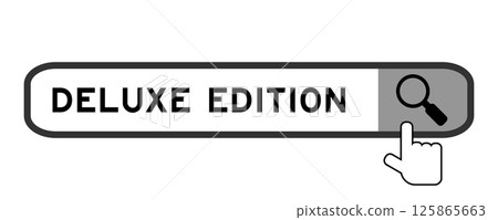 Search banner in word delux edition with hand over magnifier icon on white background Search banner in word delux edition with hand over magnifier icon on white background 125865663