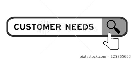 Search banner in word customer needs with hand over magnifier icon on white background Search banner in word customer needs with hand over magnifier icon on white background 125865693