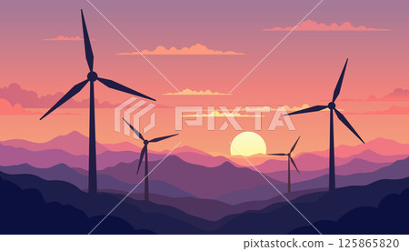 Wind Turbines Sunset Landscape with Mountain Silhouette 125865820