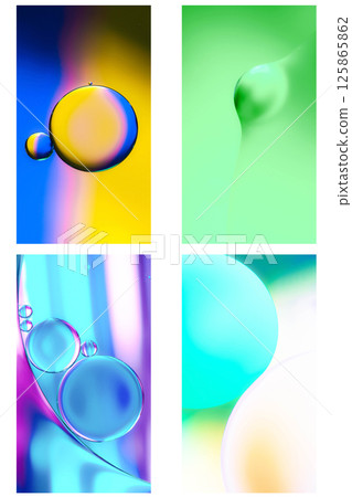 A collection of four high-resolution abstract images featuring floating oil droplets with vibrant gradients and light effects. Ideal for science, art, and modern design themes 125865862