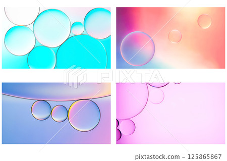 Minimalist macro photographs of oil droplets in water, highlighting smooth pastel transitions and abstract spherical forms in shades of blue, pink, orange, and purple 125865867