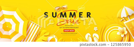 Summer sale tropical leaf and equipment used in summer on sea beach yellow banner background design Summer sale tropical leaf and equipment used in summer on sea beach yellow banner background design 125865950