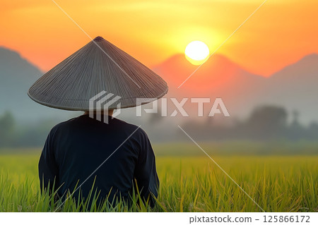 Tranquil Sunrise Over Rice Fields with Traditional Hat Landscape Photography Generative AI Tranquil Sunrise Over Rice Fields with Traditional Hat Landscape Photography Generative AI 125866172