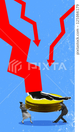Figures try to support coin stacks under a crushing hand and falling red graph. Represents the collective burden of financial and global crisis. 125866179