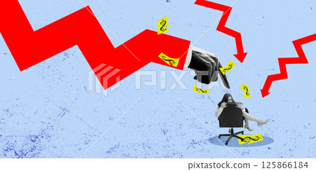 Red arrow crashes down with giant finger pointing toward frightened woman hiding behind office chair. Economic distress. 125866184