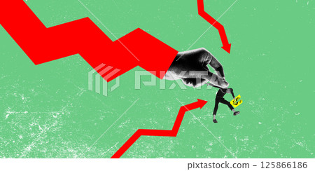 Businessman dragged by red arrow hand while holding dollar symbol paper representing financial instability. Conceptual design. 125866186
