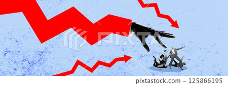 Figures swept away by a red downward graph and a hand, illustrating widespread impact of a financial or global economic crisis. 125866195