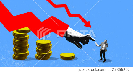 Man holding financial report, shocked by loss, red arrow hand points down over falling stacks of coins. Conceptual design. Man holding financial report, shocked by loss, red arrow hand points down over falling stacks of coins. Conceptual design. 125866202