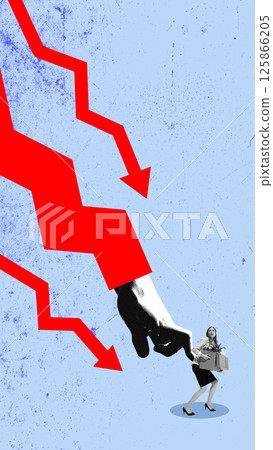 Job loss due to economic crisis. Red downward graph and hand push woman holding box away, symbolizing layoffs and recession Job loss due to economic crisis. Red downward graph and hand push woman holding box away, symbolizing layoffs and recession 125866205